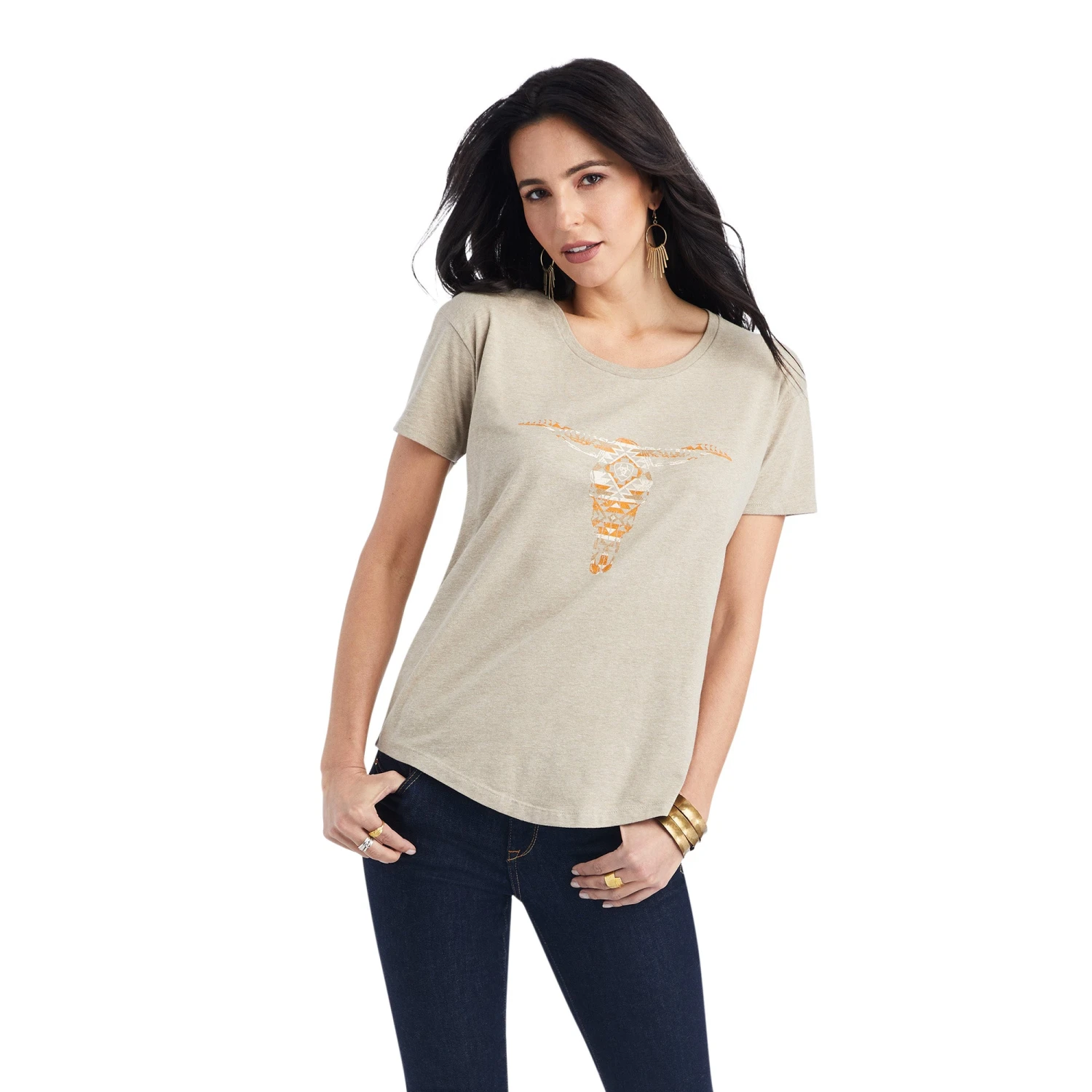 Ariat® Ladies Blanket Skull Oatmeal Heather T-shirt 10042718 1 Ariat® Ladies Blanket Skull Oatmeal Heather T-shirt 10042718