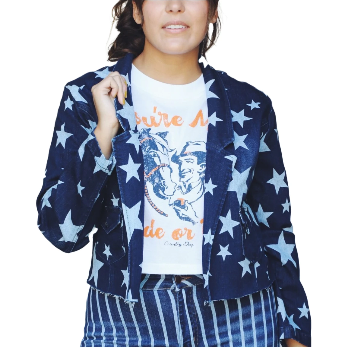 Turquoise Haven Ladies Star Cropped Denim Blazer 3001 1 Turquoise Haven Ladies Star Cropped Denim Blazer 3001