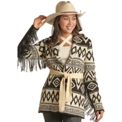 Powder River Ladies Cream Aztec Lapel Fringe Cardigan PRWO95RZXB-01