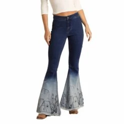 Rock & Roll Ladies Bargain Ombre Dip Dye Button Bell Jeans RRWD7PRZU4 -Cheap Western Outerwear Store RRWD7PRZU4Z