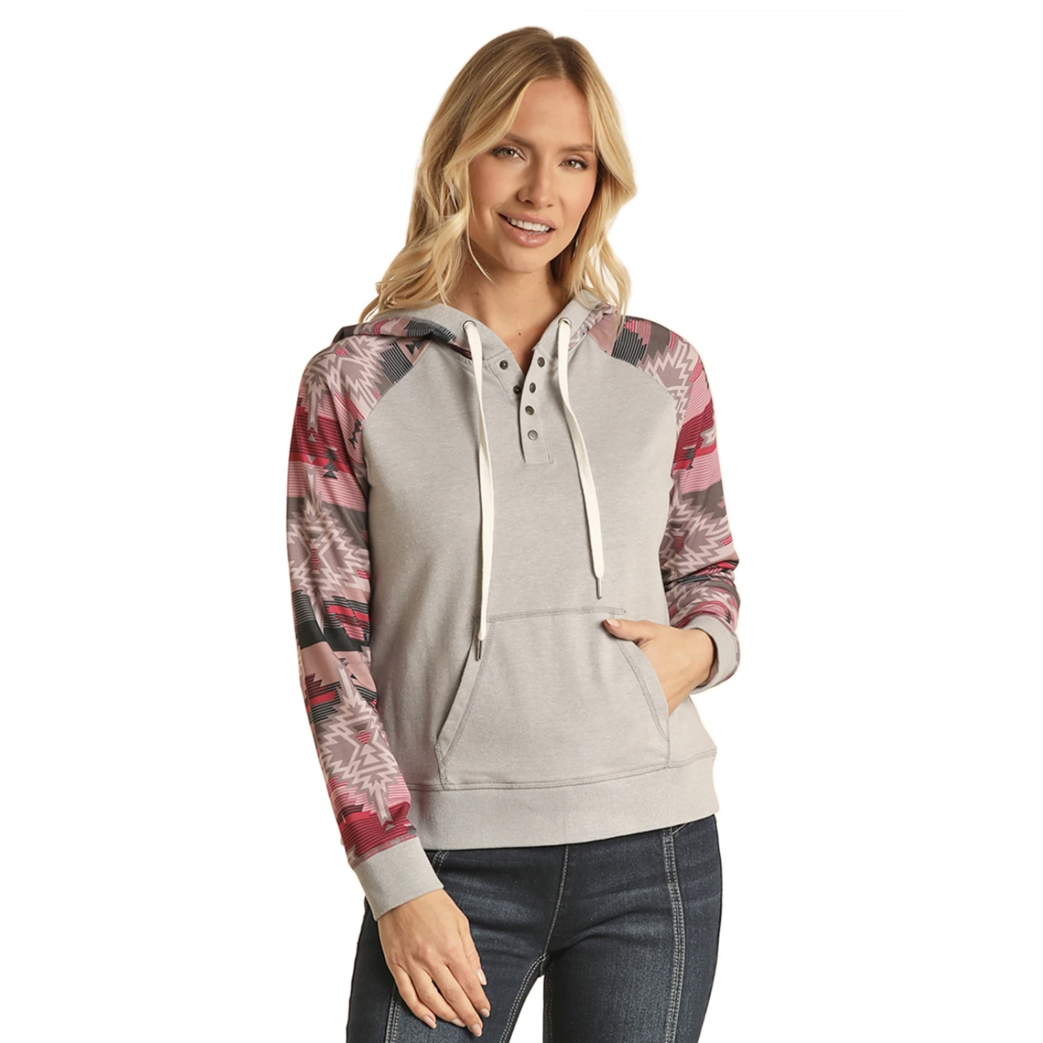Rock & Roll Denim® Ladies Aztec Sleeves Snap Grey Hoodie RRWT94R0AX 1 Rock & Roll Denim® Ladies Aztec Sleeves Snap Grey Hoodie RRWT94R0AX