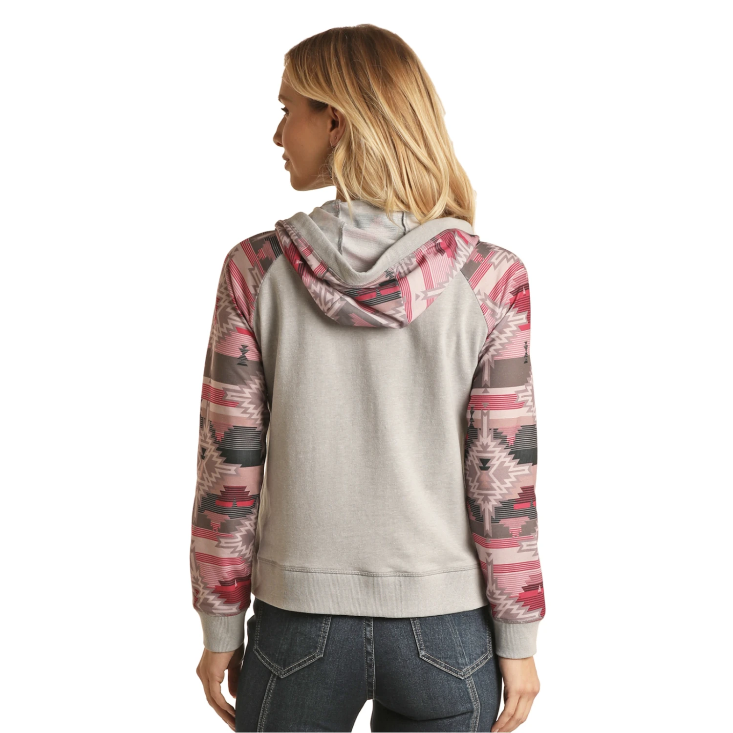 Rock & Roll Denim® Ladies Aztec Sleeves Snap Grey Hoodie RRWT94R0AX 2 Rock & Roll Denim® Ladies Aztec Sleeves Snap Grey Hoodie RRWT94R0AX - Image 2