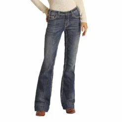 Rock & Roll Denim Ladies Mid Rise Dark Vintage Trouser Jeans W8M9516 -Cheap Western Outerwear Store W8M9516